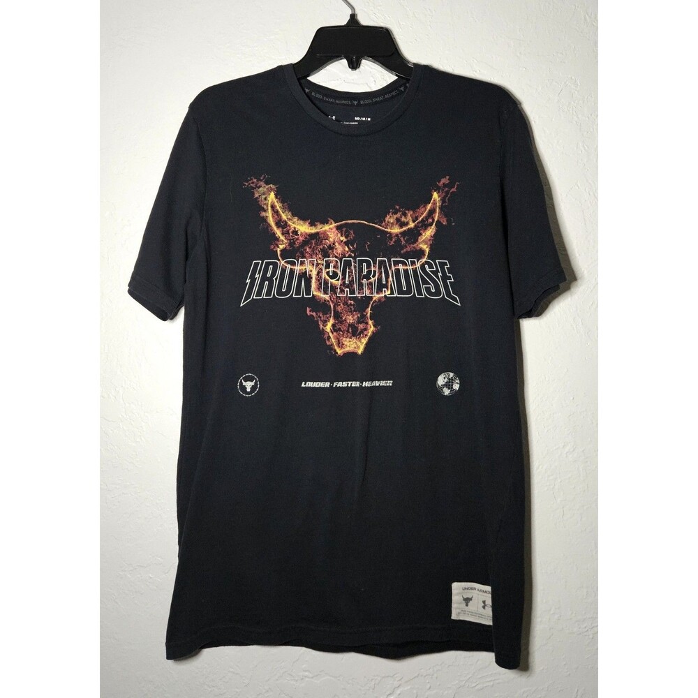 Under Armour Project Rock Iron Paradise Shirt Men M Black Training Flame Bull